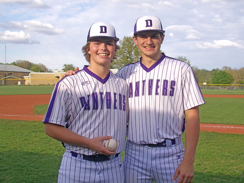 Wyatt Pierson (left) and Kelton Nafziger (right), the pitcher-catcher duo that led the Panthers to crush the Patriots in 5 innings on Senior Night.