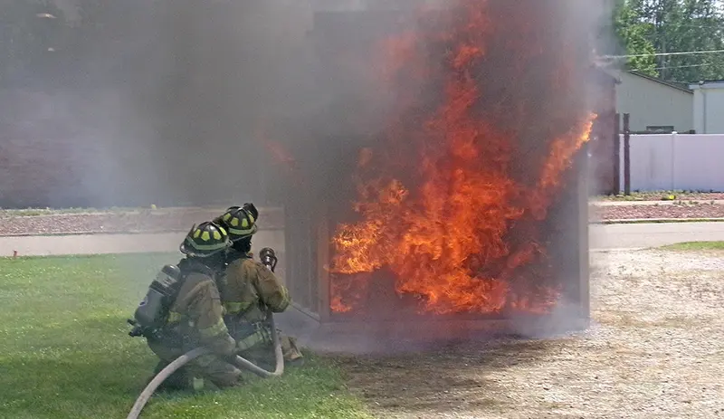 Veteran firefighter Matt Alvis and probationary firefighter Matt Chase battle a blaze head-on from a dramatic flashover fire demonstration.