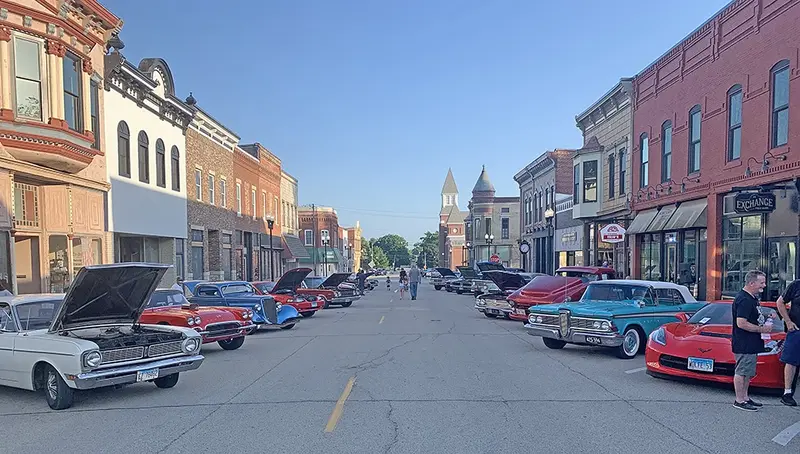 Classic and custom cars line the main strip in downtown Delavan at the Optimist Club's monthly Cruise In.