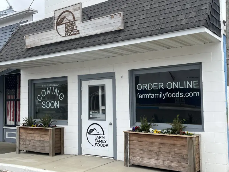 Storefront of Farm Family Foods in downtown Benson, Illinois in Woodford County.