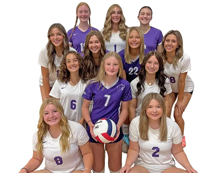 Front row (L–R): Mia Mammen, Kaylie Brehm. Second row (L–R): Willow Gomez, Emma Minton, Lilly Carlton. Third row (L–R): Addison Fisher, Jaylyn Diekhoff, Charlie Green, McKinzey Ring. Back row (L–R): Gwen Tierney, Kara Lowry, Izzy Brothwood.
