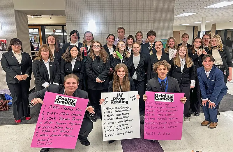 Front row champions: Seanik Gagliardi, Jaylin Diekhoff, and Nick Glisson lead the Panther Speech Team after their winning performances at the Bloomington High School Tournament.