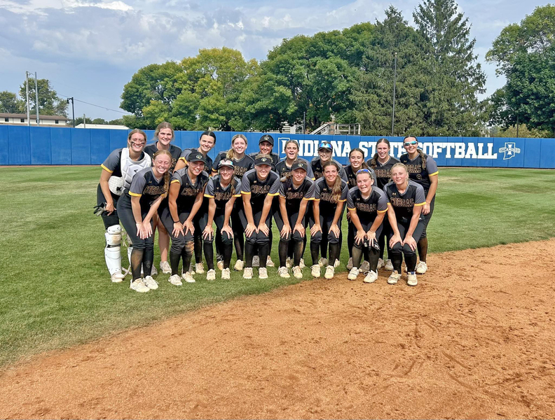 The Parkland Cobras celebrate a 5–4 victory over Indiana State. Freshman Lainey Klokkenga, a Delavan native, stands in the back row at far right after contributing to the Cobras’ strong early?season run.