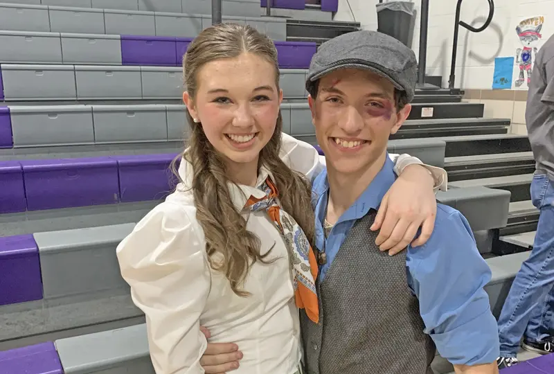 Jaylyn Diekhoff (left) and Cash Calsyn-Grys (right) share a celebratory moment after their standout opening?night performances