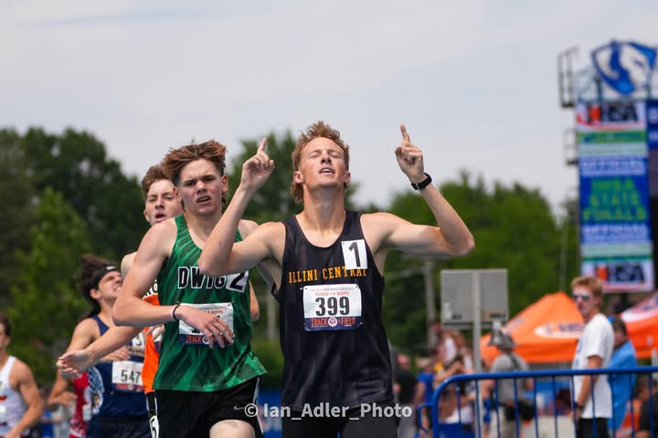 Corie Green hits the line first to secure his repeat 800m crown at State.