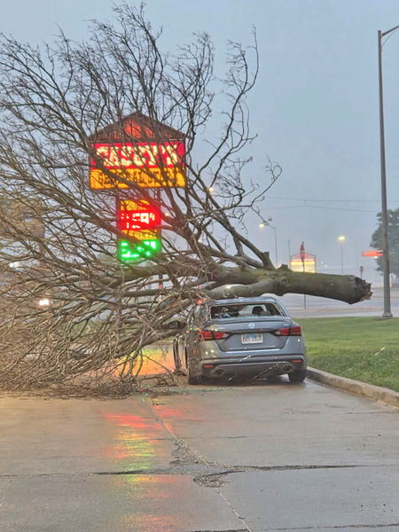 A tree felled by Thursday’s severe storms rests atop a crushed vehicle in the parking lot of Casey’s General Store at the corner of Main Street and Queenwood Avenue in Morton.