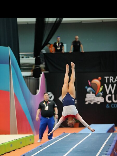 Amelia Gasper of Delavan competes in the tumbling competition at the 2026 FIG Trampoline and Tumbling World Cup in Coimbra, Portugal. Representing Team USA, Gasper finished 11th against an elite international field.