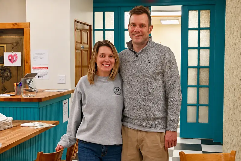 Jovon Endres (left) and Chad Endres (right), co-owners of AO’s Ice Cream Parlor, inside their Delavan business.