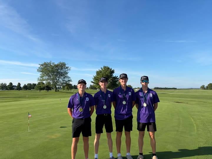 Pictured from left are Delavan’s Grady Burrell, Caden Rassi, Hudson Briggs and Trace Kight-Garlisch displaying their first-place medals after winning the Olympia Scramble on Thursday at North Greens Golf Course in Atlanta. The Panthers fired a 17-under-par 55 to claim the team title and set an unofficial tournament record.
