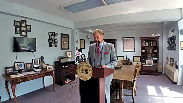 Tazewell County Clerk and Recorder of Deeds John C. Ackerman speaks during a press conference Wednesday in his Pekin office.