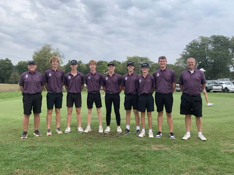 Delavan’s golf team poses for a photo during the Class 1A IHSA Regional Tournament at Shambolee Golf Course in Petersburg. Pictured from left are coaches Steve Lusher, Zach Damm and Kevin Knaggs, along with golfers Hudson Briggs, Trace Kight-Garlisch, Caden Rassi, Grady Burrell, Drake Neuendorf and Izayah Sipka. The Panthers advanced out of regional play and continued their postseason all the way to the state final.
